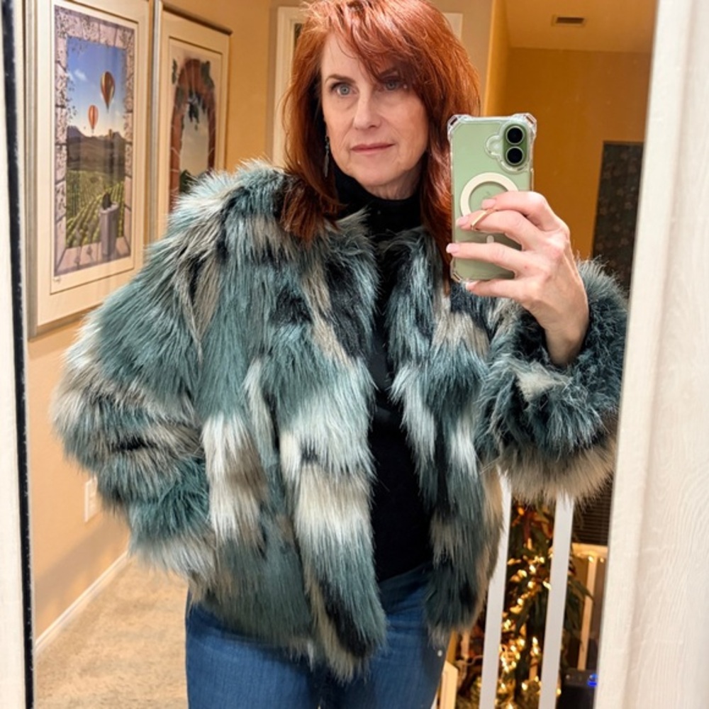 Teal FUR FAUX Black Spotted Teddy Jacket Furry Coat Large Womens Boutique